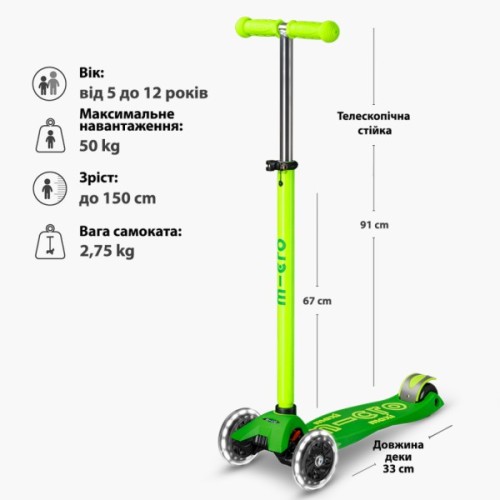 Самокат Micro Maxi Deluxe Neon LED" Зелений папуга" (MMD232)