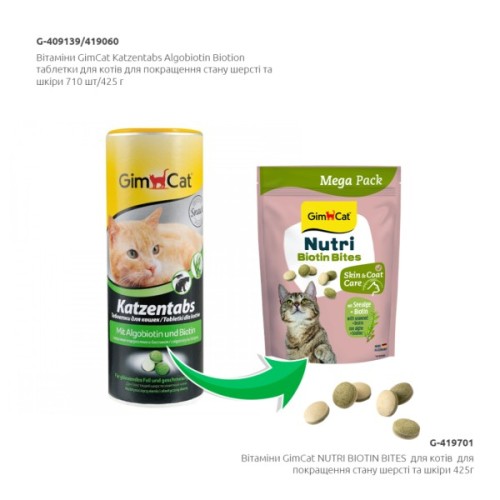 Вітаміни для котів GimCat Nutri Biotin Bites для покращення стану шерсті та шкіри з морськими водоростями 425 г (4002064419701)