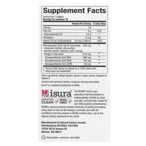 Жирні кислоти Natural Factors Омега-3 ультра та вітамін D3, 2150 мг, RxOmega-3 Ultra Strength with Vitamin D3 (NFS-35489)