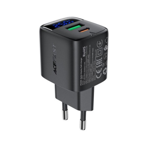 Зарядний пристрій Acefast 1xUSB-C + 1xUSB 25W GaN with digital display black (6974316284437)