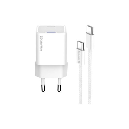 Зарядний пристрій ColorWay GaN Mini 30W PD Port PPS USB-C white + cable Type-C (CW-CHS054PDC-WT)