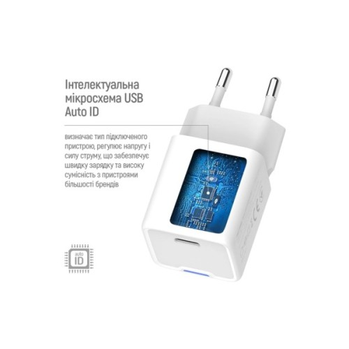 Зарядний пристрій ColorWay GaN Mini 30W PD Port PPS USB-C white + cable Type-C (CW-CHS054PDC-WT)