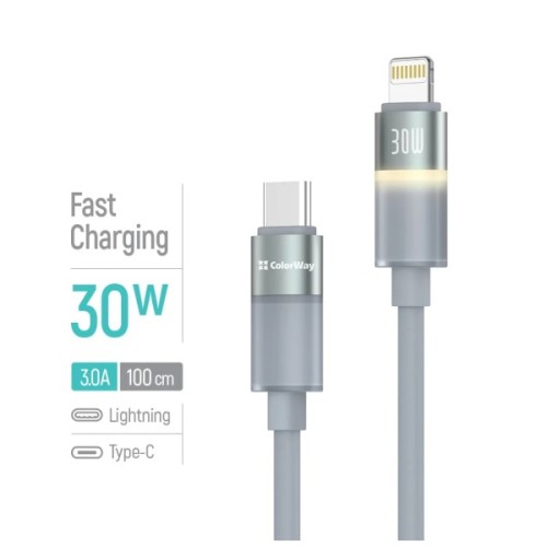 Дата кабель USB-C to Lightning 1.0m PD30W warm light gray ColorWay (CW-CBPDCL092-GR)