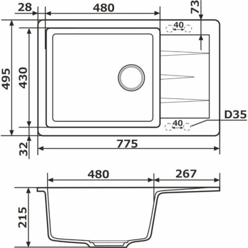 Мийка кухонна GRANADO NAVIA black shine з сифоном (775*495mm.) (gr3801)
