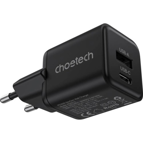 Зарядний пристрій Choetech 1xUSB-C PD30W PPS + 1xUSB QC3.0 (PD5012-EU-BK)