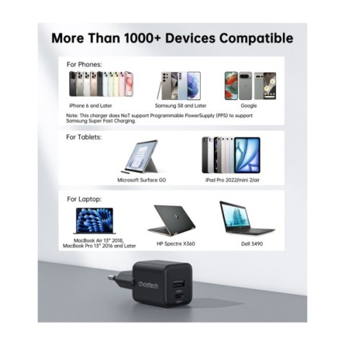 Зарядний пристрій Choetech 1xUSB-C PD30W PPS + 1xUSB QC3.0 (PD5012-EU-BK)