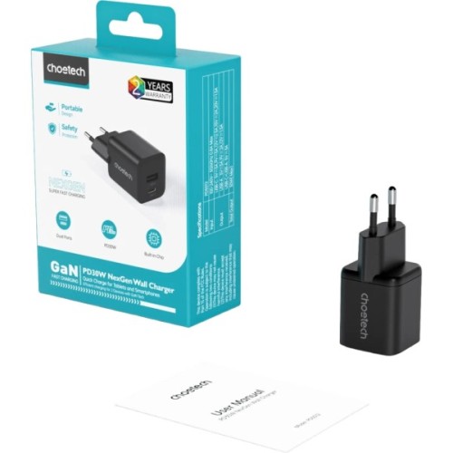 Зарядний пристрій Choetech 1xUSB-C PD30W PPS + 1xUSB QC3.0 (PD5012-EU-BK)