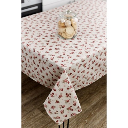 Скатертина Прованс непромокаюча Simfoni Червоні трояндочки на натюрель 220х136 см (033591)