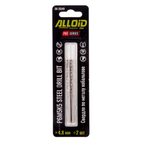 Свердло Alloid Pro, по металу, кобальтове, 4.8мм, Р6М5К5, 2шт. (DB-35048)