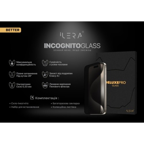 Скло захисне iLera DeLuxe Incognito iPhone 16 Pro (ILINDL16PR)
