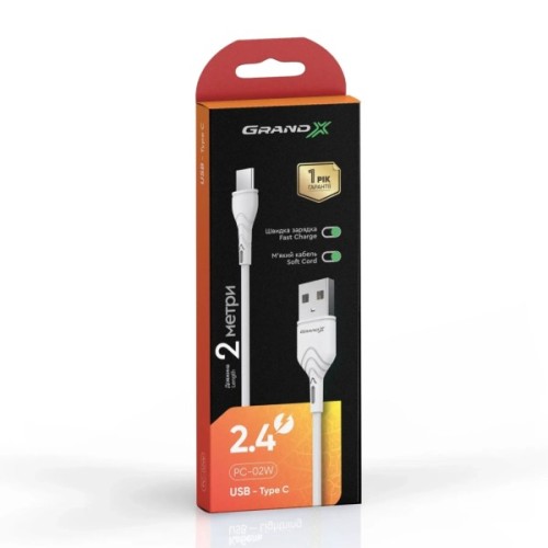 Дата кабель USB 2.0 AM to USB-C 2.0m 2.4A white Grand-X (PC-02W)