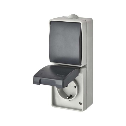 Розетка EMOS + вимикач прохідний вертикальний зовнішній сірий IP44 (A1396.4)