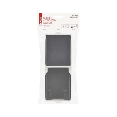 Розетка EMOS + вимикач прохідний вертикальний зовнішній сірий IP44 (A1396.4)