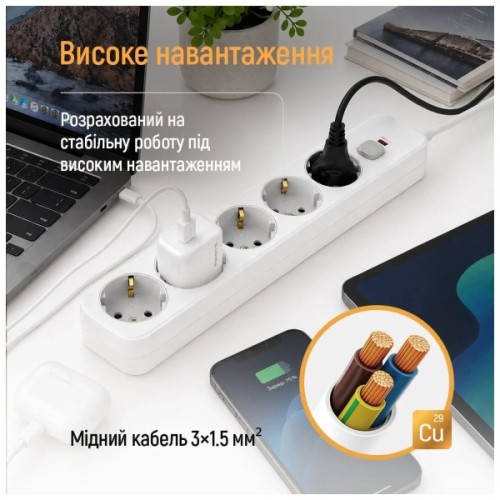 Мережевий фільтр живлення ColorWay CW-PSEA1652W 5 розеток, 2m White (CW-PSEA1652W)