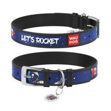 Нашийник для тварин WAUDOG Design з QR паспортом "Космос. Ракета" L Ш 25 мм Д 37-48 см чорний (0025-0125-01)