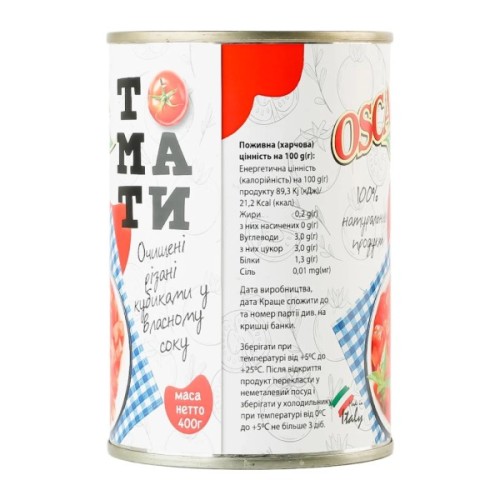 Овочева консервація Oscar foods Томати очищені різані кубиками у власному соку 400 г (8028277007739)