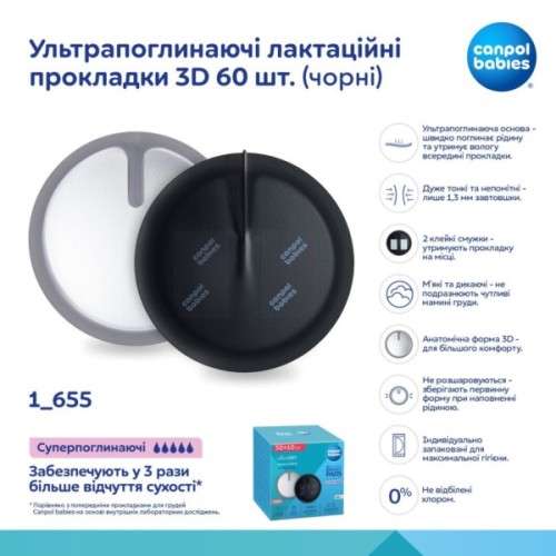 Вкладиш для бюстгальтера Canpol babies ультрапоглинаючі 3D 60 шт чорні (1/655)