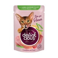 Вологий корм для кішок Delickcious Шматочки з ягнятиною, курячим філе і квасолею спаржевою в желе 85 г (4820269143128)