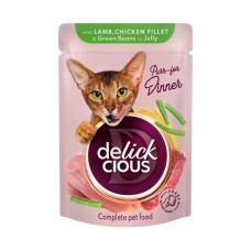 Вологий корм для кішок Delickcious Шматочки з ягнятиною, курячим філе і квасолею спаржевою в желе 85 г (4820269143128)