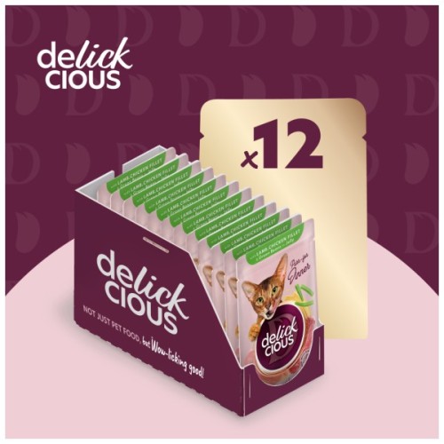 Вологий корм для кішок Delickcious Шматочки з ягнятиною, курячим філе і квасолею спаржевою в желе 85 г (4820269143128)