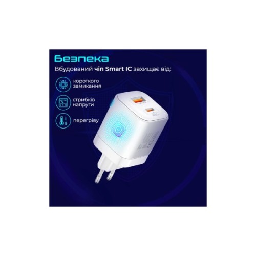 Зарядний пристрій Promate USBC PD25W + USBA QC3.0 18W White (powerport-25ac.white)