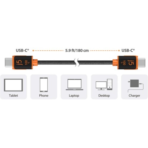 Дата кабель USB-C to USB-C 1.8m 100W (20V/5A) premium J5create (JUCX25L18-N)