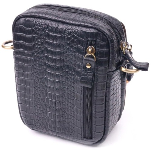 Сумка Vintage Невелика чоловіча з натуральної шкіри з фактурою під крокодила Чорна (21299)