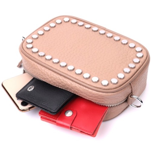 Сумка Vintage Жіноча шкіряна декорована металевими кнопками Бежева (22335)