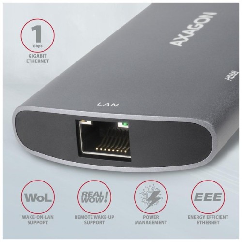 Концентратор AXAGON USB-C to 2xUSB-A + HDMI + RJ45 + SATA M.2 + PD 100W 0.18m grey (HMC-6M2)