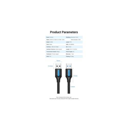 Дата кабель USB 3.0 AM/AM 1.5m PVC black Vention (CONBG)