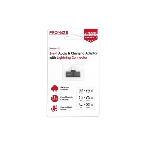 Перехідник Lightning M to 2xLightning F Audiо + Charge Promate (ihinge-lt.black)