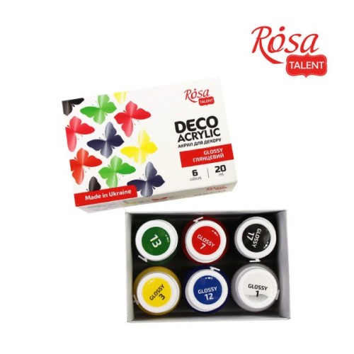 Акрилові фарби Rosa для декору глянсові 6 кол по 20 мл (4823098511731)