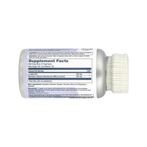 Вітамінно-мінеральний комплекс Solaray L-лізин та Монолаурін, L-Lysine Monolaurin 1:1 Ratio, 60 вегетаріанські (SOR-35281)