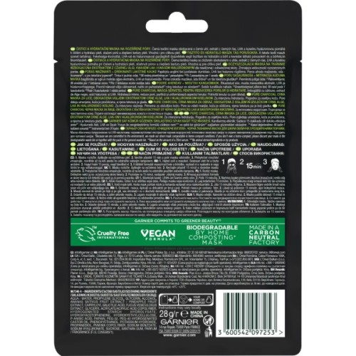 Маска для обличчя Garnier Skin Naturals Чорна Тканинна Вугілля + Чорні водорості 28 г (3600542097208/3600542097253)