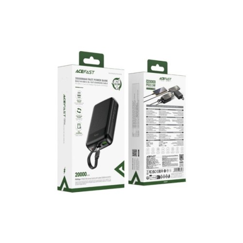 Батарея універсальна Acefast 20000mAh 22,5W PD, QC/3.0 USB-A+USB-C In/Out,build-in cable M14 Black (6974316283966)