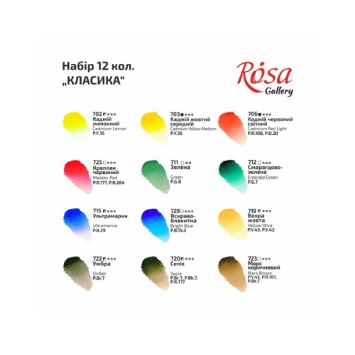 Акварельні фарби Rosa Gallery Класика 12 кольорів 2.5 мл кювета, картон (4823098502838)