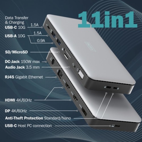 Порт-реплікатор Digitus USB-C > 2xHDMI/DP/2xUSB-A/USB-C/SD/MicroSD/RJ54/DC/Audio (DA-70917)