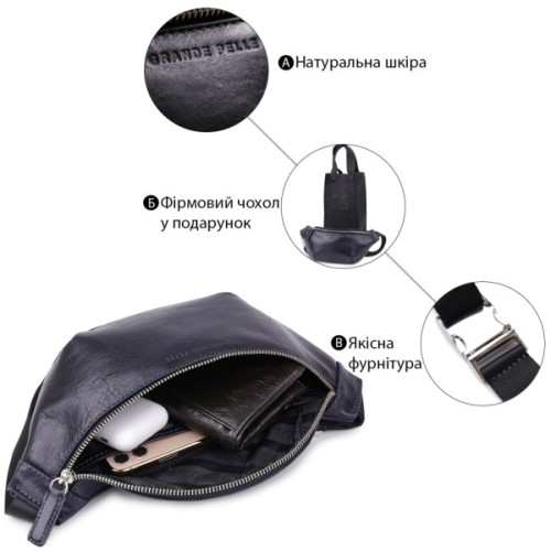 Сумка Grande Pelle Шкіряна бананка унісекс Синя (11569)