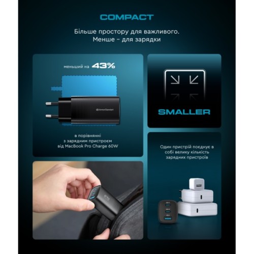 Зарядний пристрій Armorstandart 2xUSB-C + 1xUSB 67W GaN black (ARM88384)