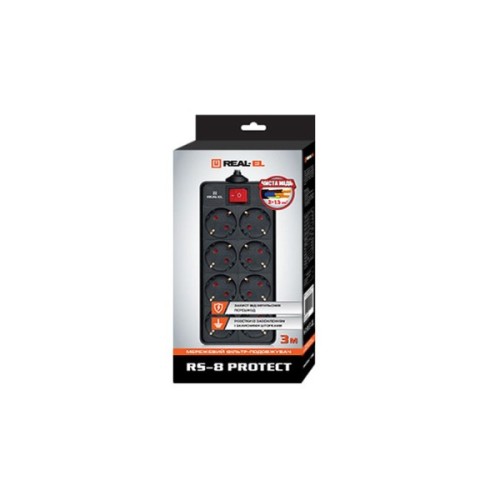Мережевий фільтр живлення REAL-EL REAL-EL RS-8 PROTECT, 3m, black (EL122300022)
