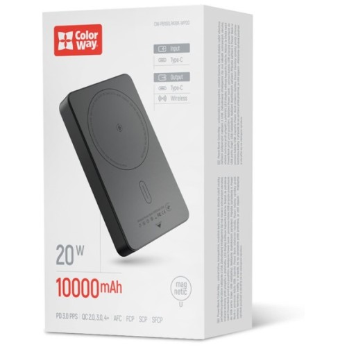 Батарея універсальна ColorWay 10 000 mAh PD/22.5W, 15W MagSafe Black (CW-PB100LPA1BK-WPDD)