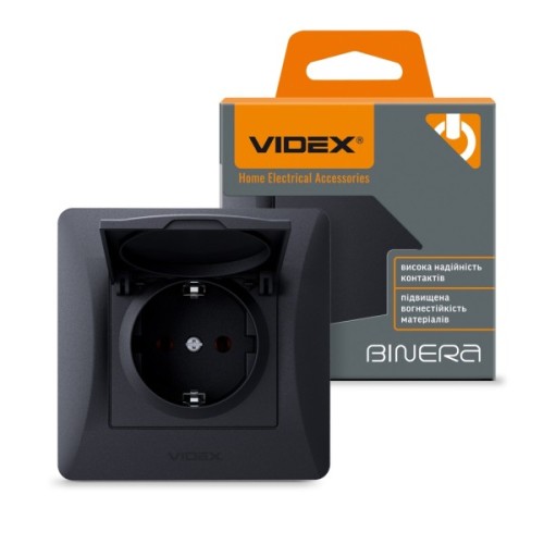 Розетка Videx BINERA 1ая із заземленням і кришкою черн (VF-BNSK1GС-BG)