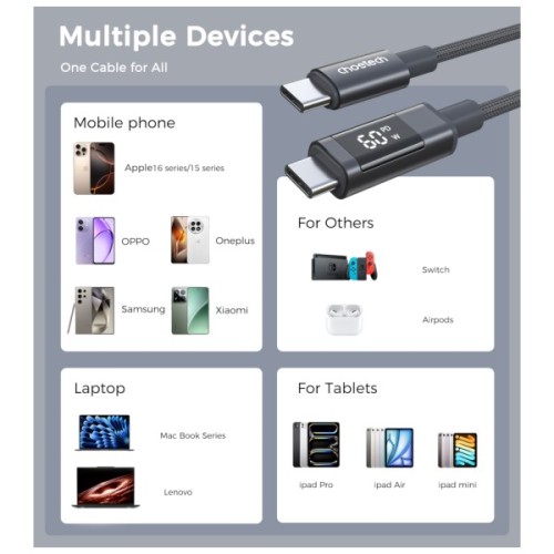 Дата кабель USB-C to USB-C 1.2m PD60W digital display nylon gray Choetech (XCC-1068-GY)