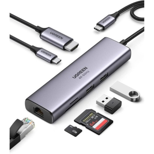 Концентратор Ugreen USB-C 7-in-1 2xUSB 3.0 + HDMI 4K60Hz + RJ45 + SD/TF + PD 100W gray (90568)