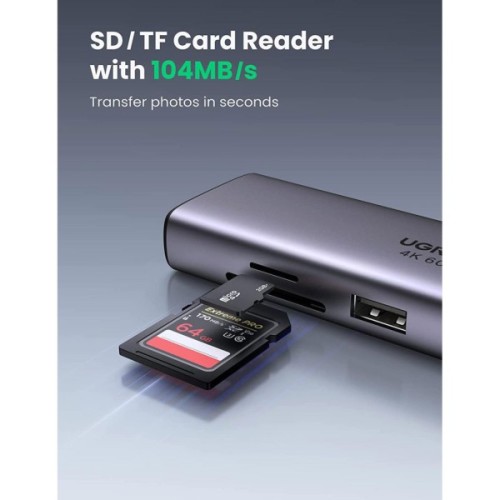 Концентратор Ugreen USB-C 7-in-1 2xUSB 3.0 + HDMI 4K60Hz + RJ45 + SD/TF + PD 100W gray (90568)