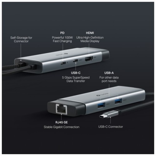 Концентратор TP-Link USB 3.0 6-in-1 2xUSB 3.0 + 1xUSB-C + 1xHDMI + 1xRJ45 + PD 100W (UH6120C)