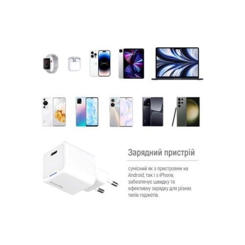 Зарядний пристрій ColorWay GaN Mini 25W PD Port PPS USB-C white cable Type-C (CW-CHS052PDC-WT)