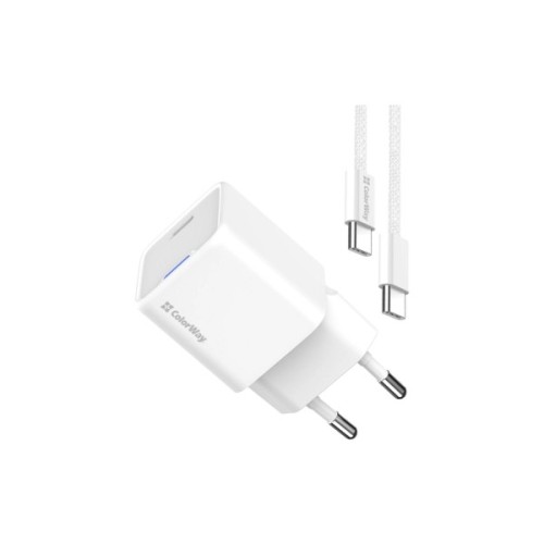 Зарядний пристрій ColorWay GaN Mini 25W PD Port PPS USB-C white cable Type-C (CW-CHS052PDC-WT)