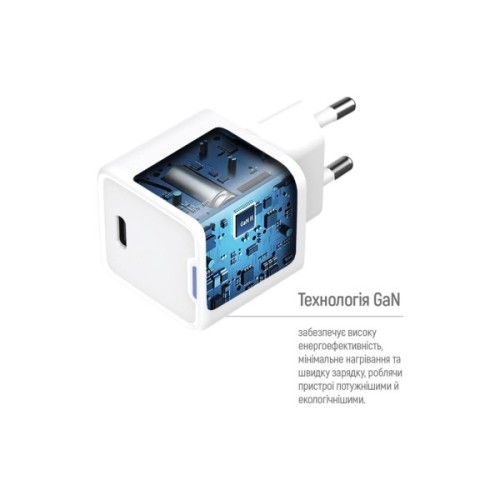 Зарядний пристрій ColorWay GaN Mini 25W PD Port PPS USB-C white cable Type-C (CW-CHS052PDC-WT)