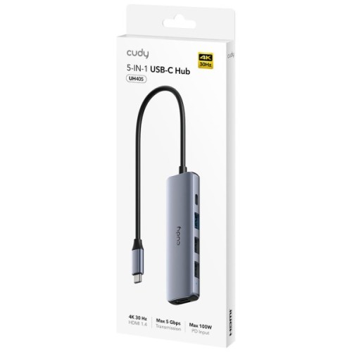 Концентратор Cudy USB-C 5-in-1 1xHDMI 4K + 1xUSB-C PD100W + 1xUSB 3.0 5Gbps + 2xUSB 2.0 (UH405)